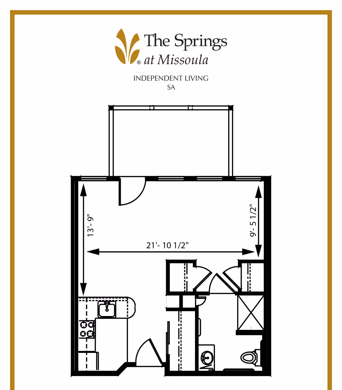 Black-and-white floor plan for "The Springs at Missoula" independent living unit showing a combined living/kitchen area, bathroom, closets, and balcony with dimensions.