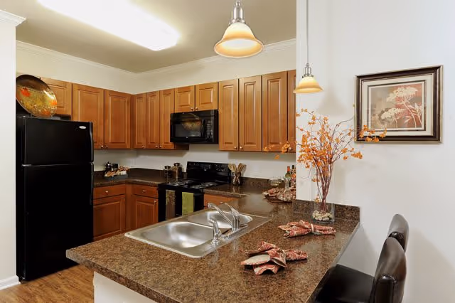 A modern kitchen with wooden cabinets, a black refrigerator, black microwave, and black stove. The kitchen features a brown countertop with a built-in stainless steel sink and two pendant lights hanging above. There are two black bar stools at the counter, a decorative vase with orange flowers, and a framed floral picture on the wall.