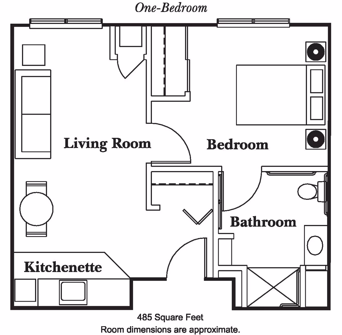 Black-and-white one-bedroom floor plan showing a living room, kitchenette, bedroom and bathroom with labels and a note of 485 square feet.