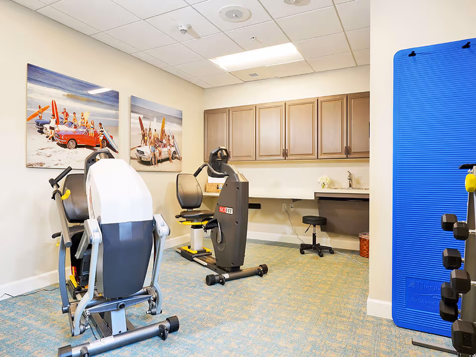 A small exercise room with two seated exercise machines, a blue exercise mat leaning against the wall, and a rack of dumbbells. The room has light-colored walls, a blue patterned carpet, wooden cabinets, a small sink, and two beach-themed paintings on the wall.