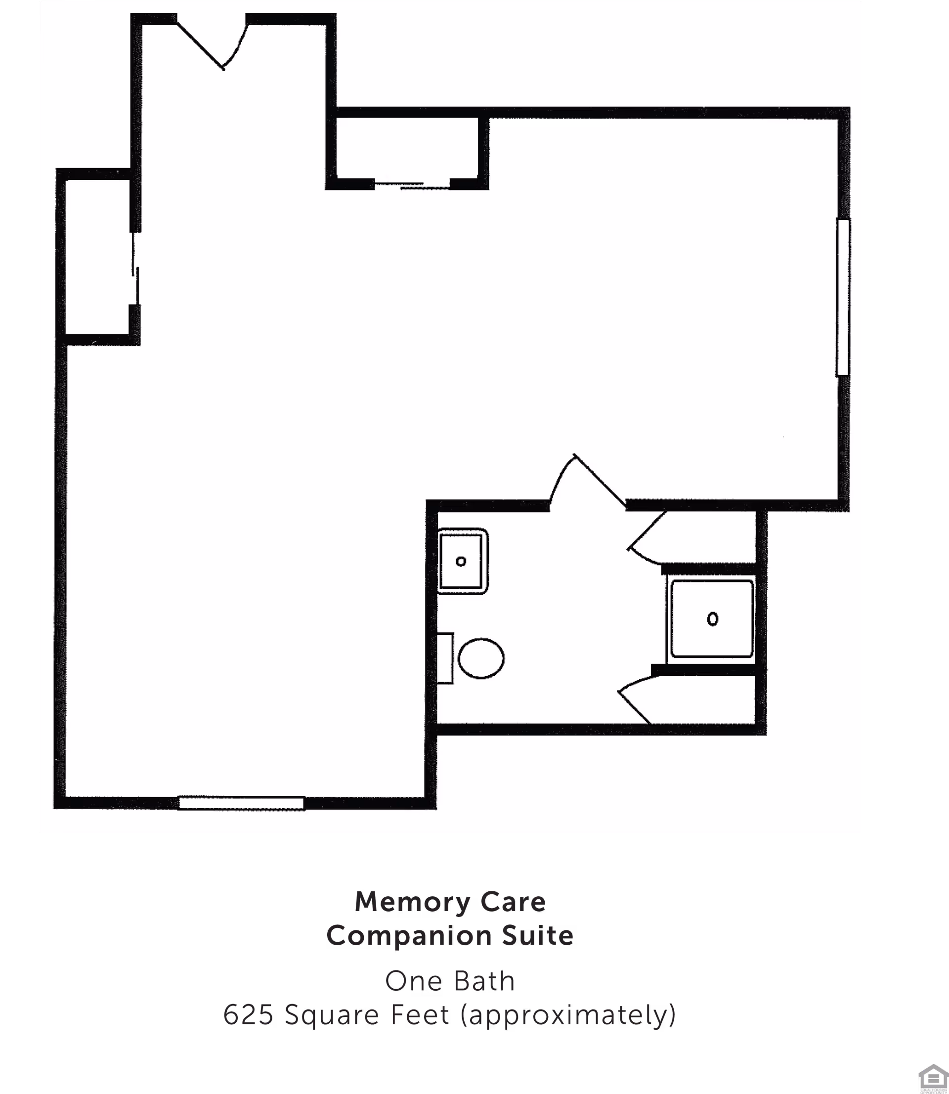 Floor plan layout of a Memory Care Companion Suite at Trail Creek Place Memory Care, showing one bathroom and an approximate area of 625 square feet.
