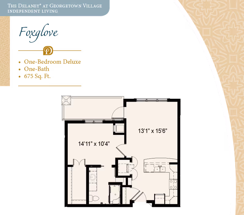 Floor plan of a one-bedroom deluxe apartment named Foxglove at The Delaney at Georgetown Village, showing a layout with one bedroom, one bathroom, and a total area of 675 square feet. The plan includes dimensions for the bedroom and living area, as well as kitchen and bathroom fixtures.