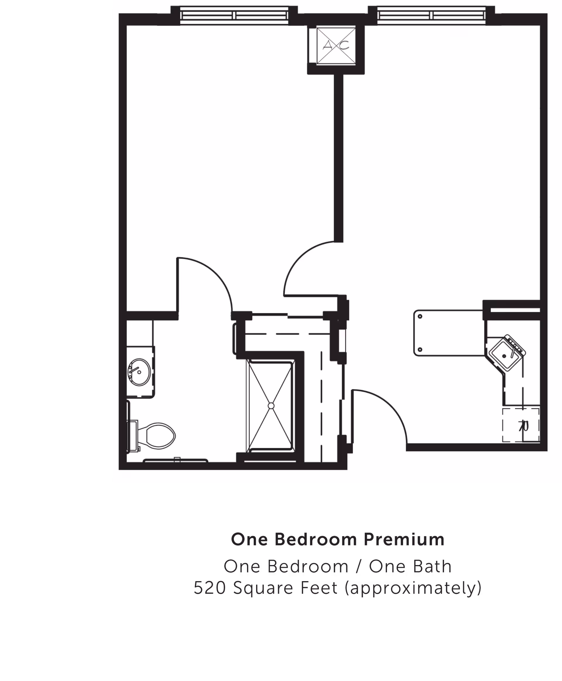 Black-and-white one-bedroom, one-bath floor plan labeled 'One Bedroom Premium' showing room layout and fixtures.