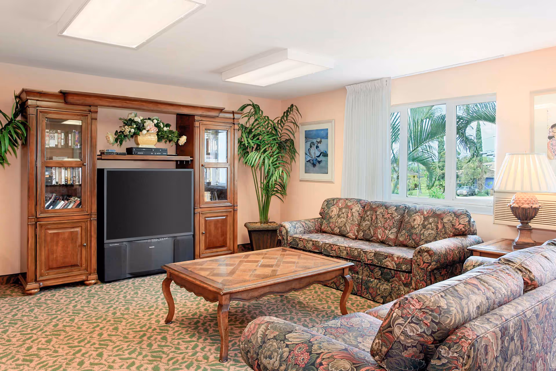 A cozy living room with two floral-patterned sofas facing a wooden coffee table. There is a large wooden entertainment center with a flat-screen TV and decorative flowers on top. A large potted plant is placed in the corner near a window with white curtains, through which greenery and palm trees are visible outside. A table lamp with a pleated shade sits on a side table next to one of the sofas. The walls are painted light peach and the carpet has a green and beige pattern.