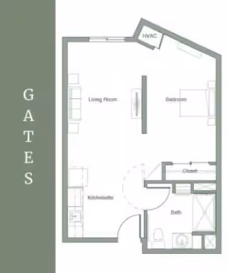 Simple floor plan of a one-bedroom apartment showing a living room, kitchenette, bedroom, bathroom, closet, and HVAC with a green sidebar labeled 'GATES'.