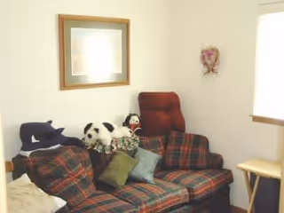 A small living room corner with a plaid patterned couch adorned with several stuffed animals including a panda and a dog. There is a red recliner chair next to the couch, a framed picture on the wall, a small wooden side table, and a window with blinds partially open letting in light.