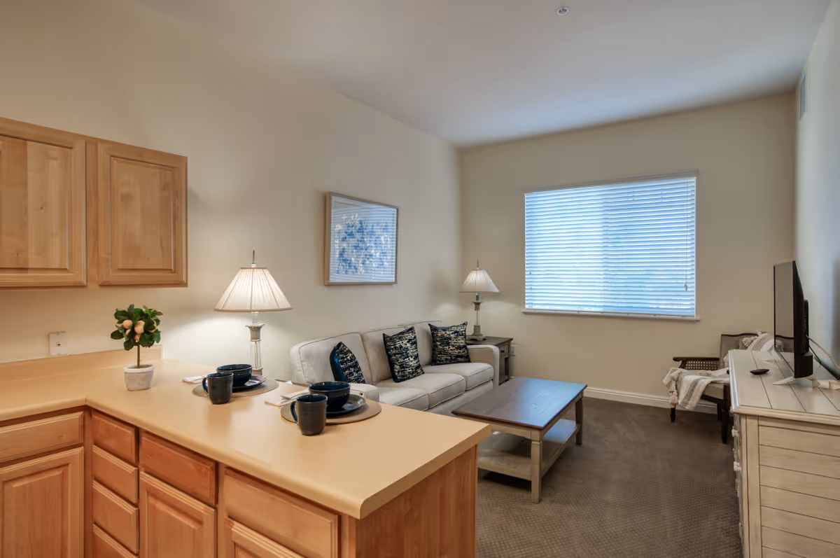 Open-plan living area showing a kitchen counter in the foreground, a sofa with cushions, coffee table, TV cabinet, and a window with blinds.
