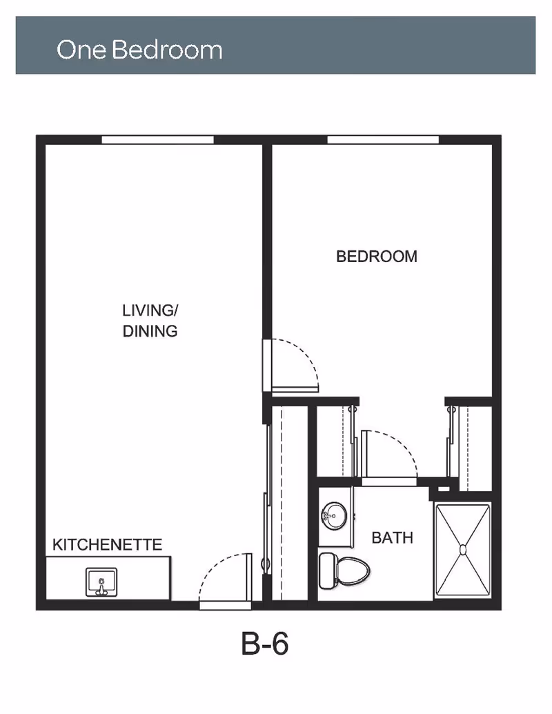 Floor plan of a one-bedroom apartment labeled B-6, showing a living/dining area with a kitchenette, a separate bedroom, and a bathroom with a sink, toilet, and shower.