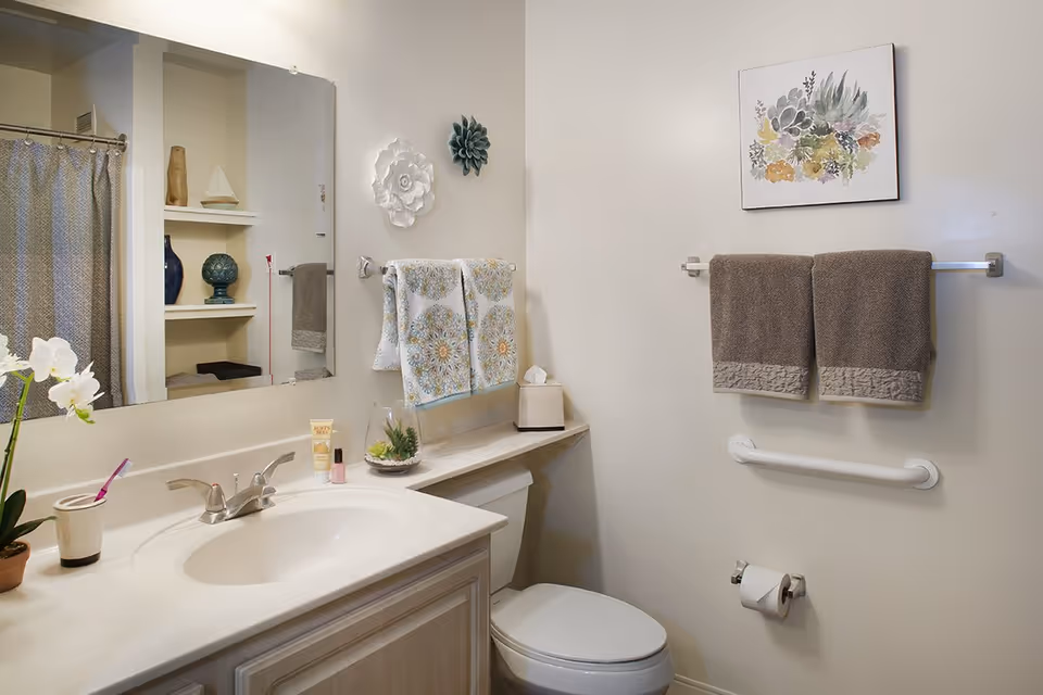 Well-lit bathroom with a sink and mirror, toilet, towel racks, grab bar, and decorative wall art and shelves.