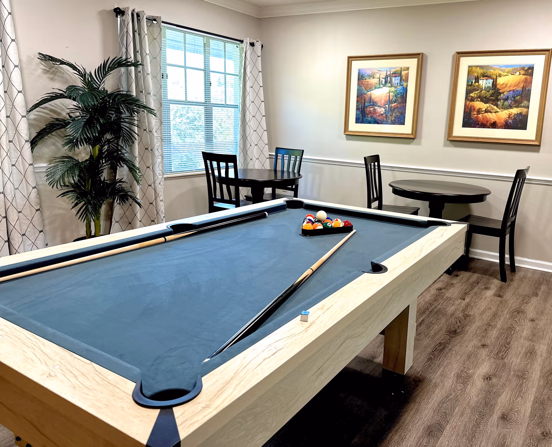 A recreational room with a pool table in the foreground, set up with a cue stick and a rack of billiard balls. In the background, there are two small round tables each with two chairs, a large window with patterned curtains, a tall green plant, and two framed landscape paintings on the wall.