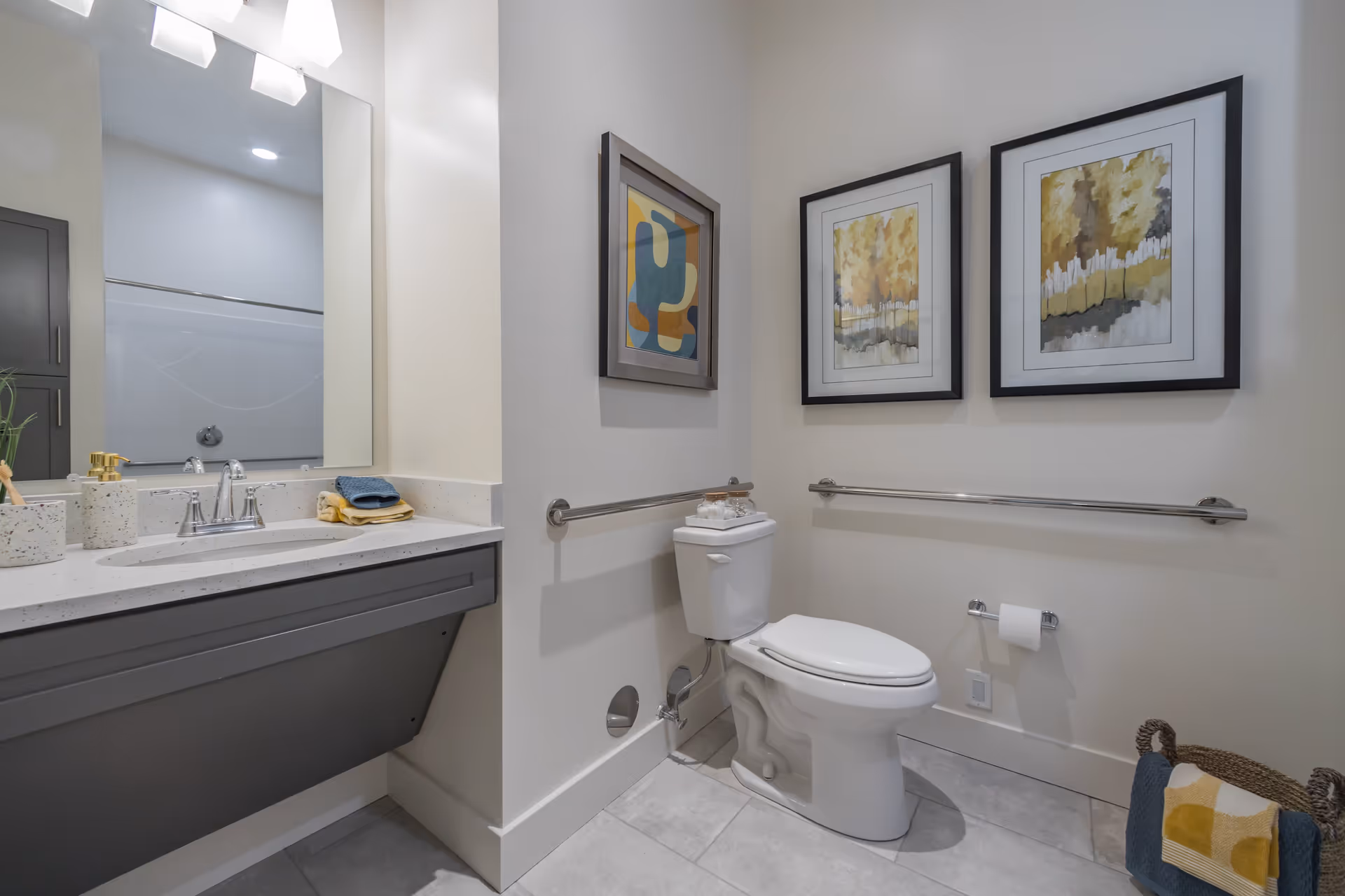 Modern accessible bathroom with a sink vanity, toilet with grab bars, framed artwork, and a woven basket.
