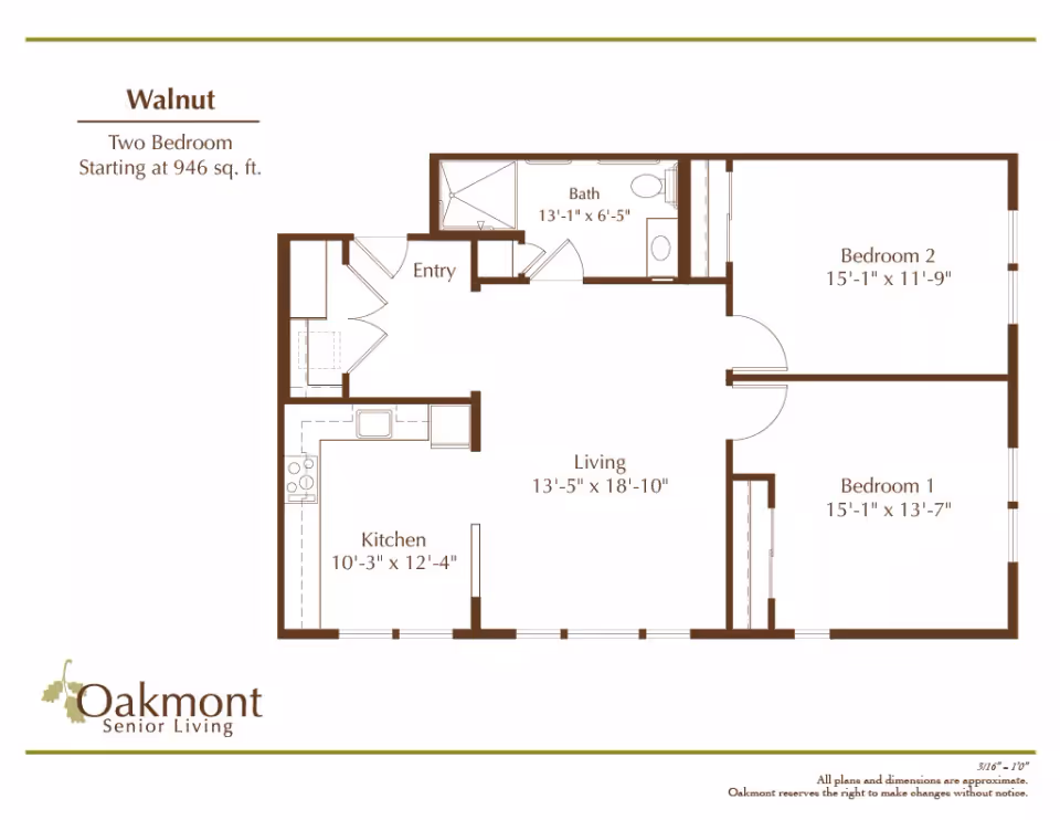 Floor plan titled 'Walnut' for a two-bedroom senior living apartment showing an entry, kitchen, living room, bath, and two bedrooms with dimensions.