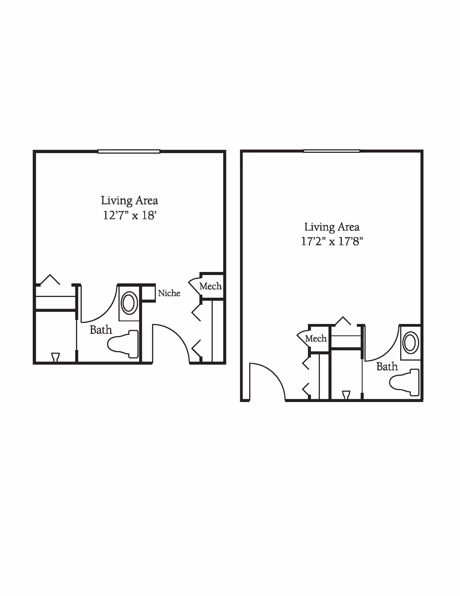 Architectural floor plan showing two layouts of living areas with dimensions, bathrooms, mechanical rooms, and niches.
