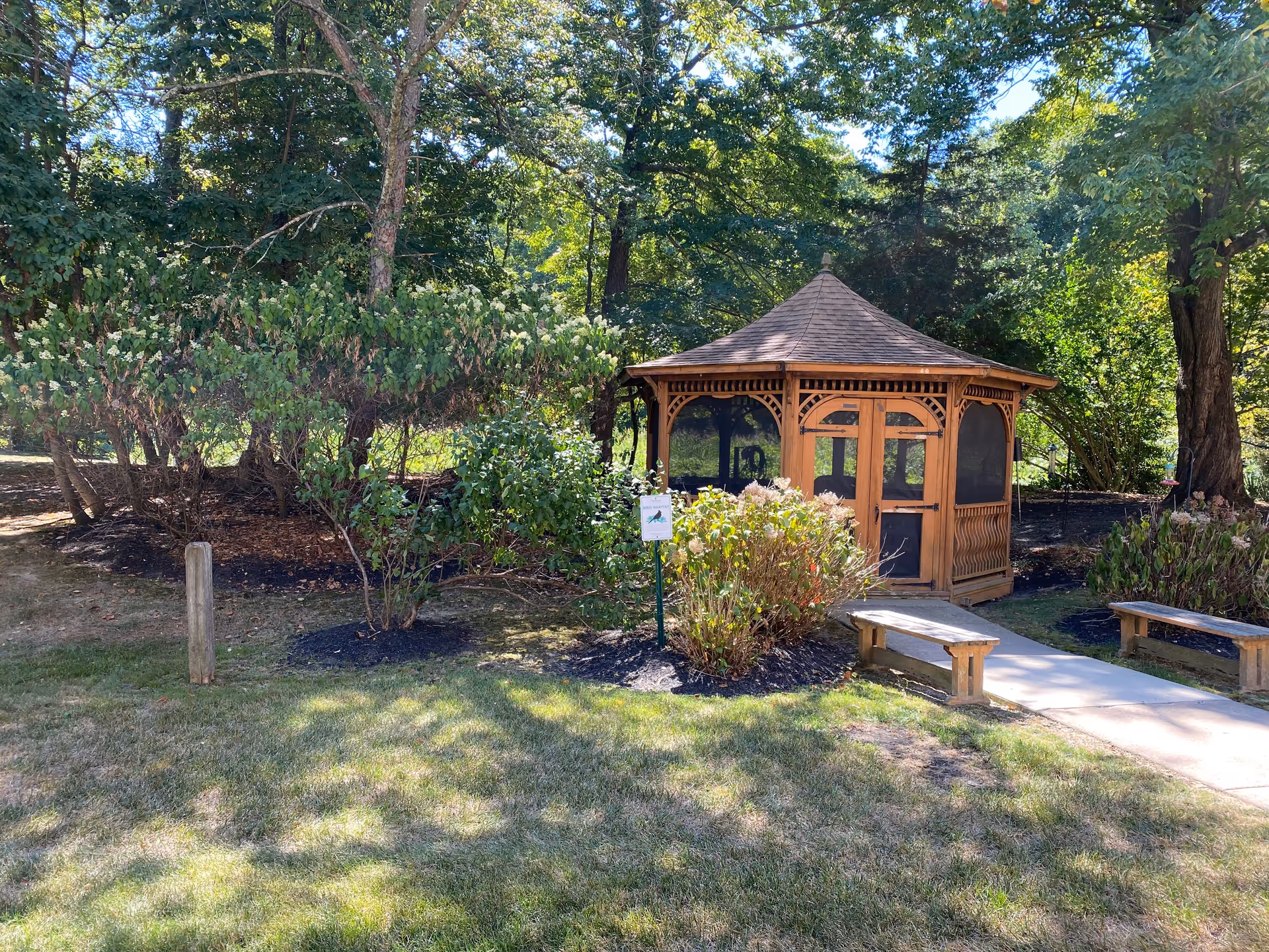 A wooden gazebo with a shingled roof is situated in a garden area surrounded by green trees and bushes. There is a paved walkway leading to the gazebo, flanked by two wooden benches. The scene is sunlit with shadows cast on the grass.
