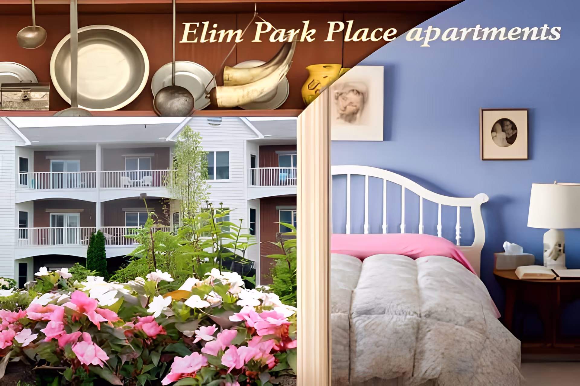 A split image showing on the left side a garden with pink and white flowers in front of a multi-story apartment building with balconies, and on the right side a bedroom with a white bed frame, a pink pillow, a beige comforter, a nightstand with a lamp, tissue box, and an open book, with blue walls and framed pictures.
