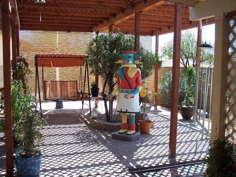 Covered outdoor patio with potted plants, a colorful statue, and a striped swing.