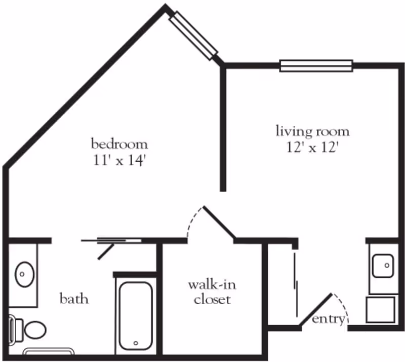 Floor plan layout showing a bedroom measuring 11 by 14 feet, a living room measuring 12 by 12 feet, a bathroom with a toilet, sink, and bathtub, a walk-in closet, and an entry area with a small sink and counter.