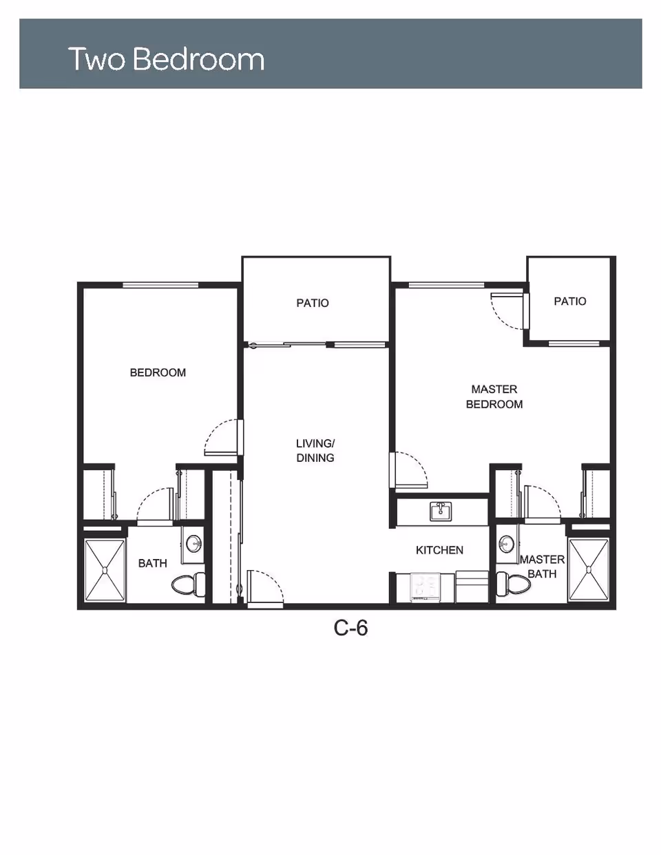 Floor plan of a two-bedroom apartment featuring a master bedroom with master bath and patio, a second bedroom with a bath, a combined living and dining area with access to a patio, and a kitchen.