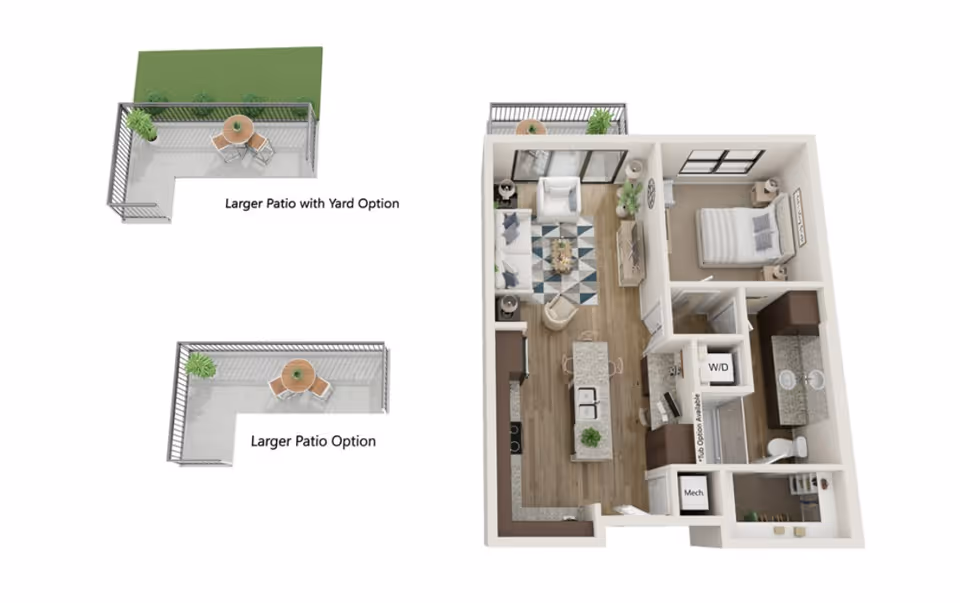 3D floor plan of a one-bedroom apartment featuring a living room with seating and a TV, an open kitchen with an island, a bedroom with a bed and nightstands, a bathroom with double sinks and a shower, a washer/dryer area, and two patio options labeled Larger Patio Option and Larger Patio with Yard Option.