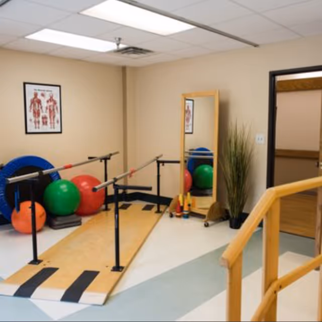 Indoor rehab exercise room features parallel bars, exercise balls, a mirror, and a wooden ramp.