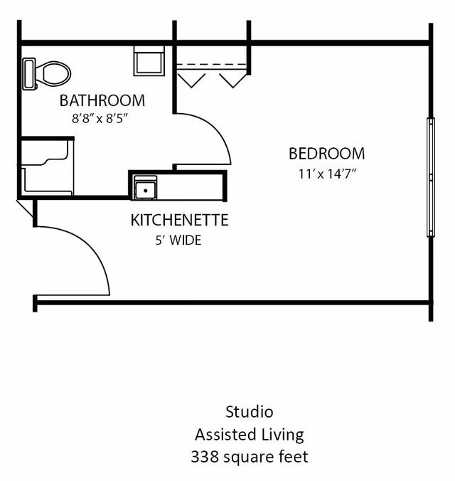 Floor plan of a studio assisted living unit at Aspen Grove showing a bedroom measuring 11 feet by 14 feet 7 inches, a bathroom measuring 8 feet 8 inches by 8 feet 5 inches, and a kitchenette 5 feet wide. The total area is 338 square feet.