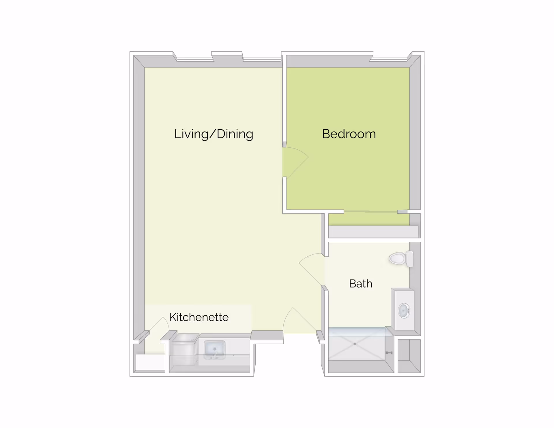 Top-down floor plan of a one-bedroom apartment showing a living/dining area, kitchenette, bedroom, and bathroom.