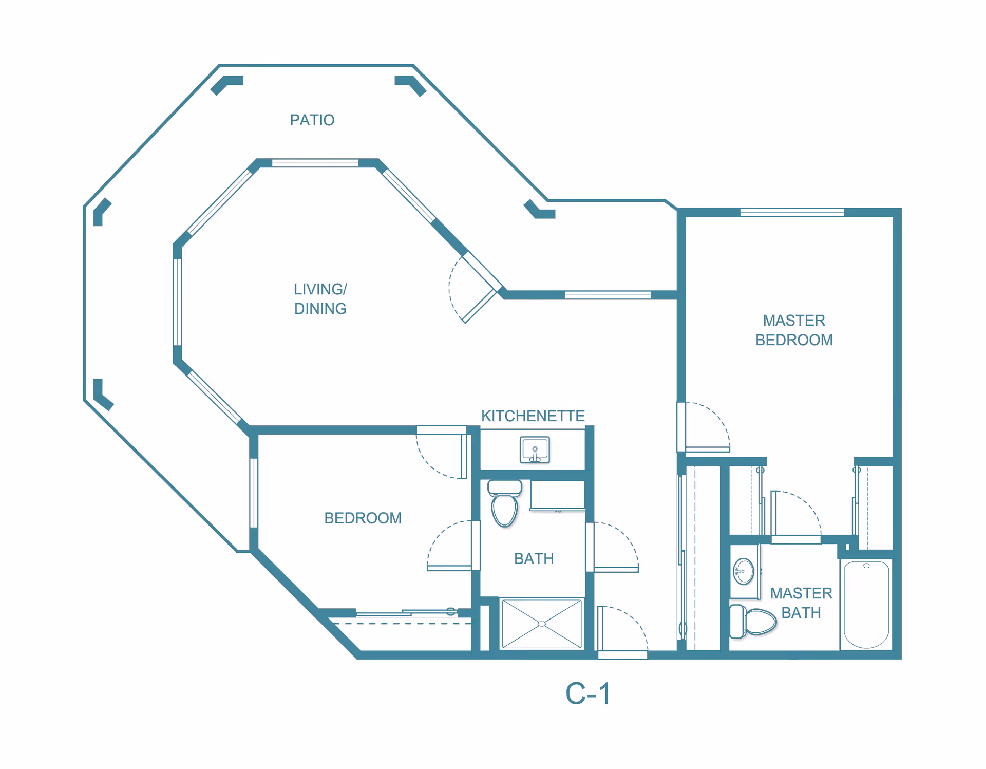 Architectural floor plan of a senior living unit labeled C-1 at Vista del Rio. The layout includes a patio, living/dining area, bedroom, kitchenette, bath, master bedroom, and master bath.