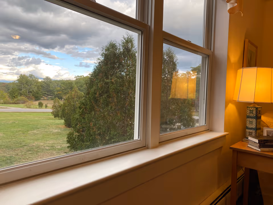 View through a living room window onto a lawn and trees, with a lamp and side table visible on the right.