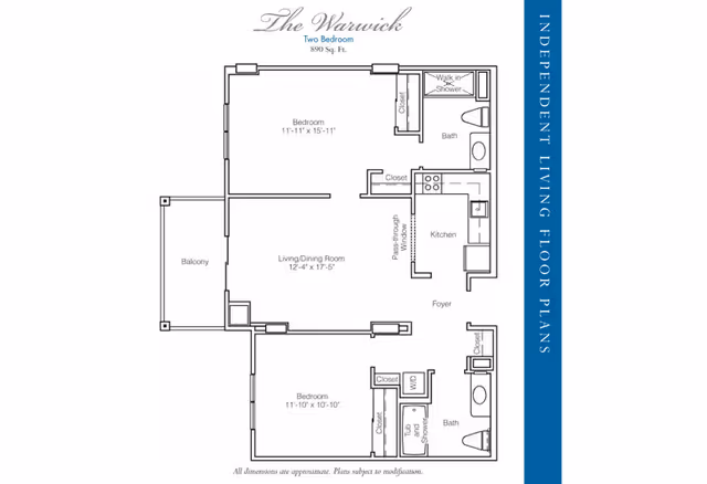 Floor plan of The Warwick, a two-bedroom independent living apartment with 890 square feet. It includes two bedrooms, two bathrooms (one with a walk-in shower and one with a tub/shower), a kitchen with a pass-through window, a living/dining room area, a foyer, closets, a washer/dryer area, and a balcony.