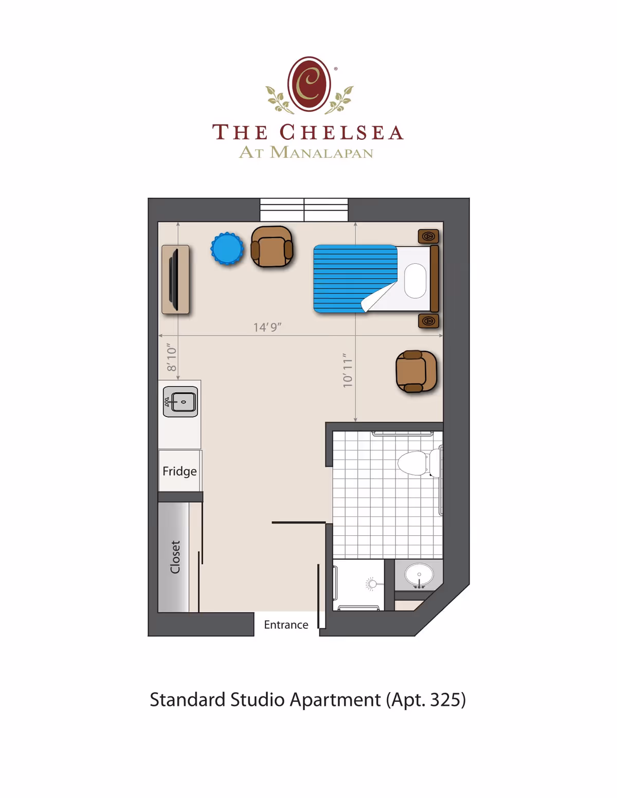 Floor plan of a standard studio apartment (Apt. 325) at The Chelsea at Manalapan, showing a combined living and sleeping area with a bed, two chairs, a small table, a TV, a kitchenette with a fridge and sink, a closet, and a bathroom with a shower, toilet, and sink.