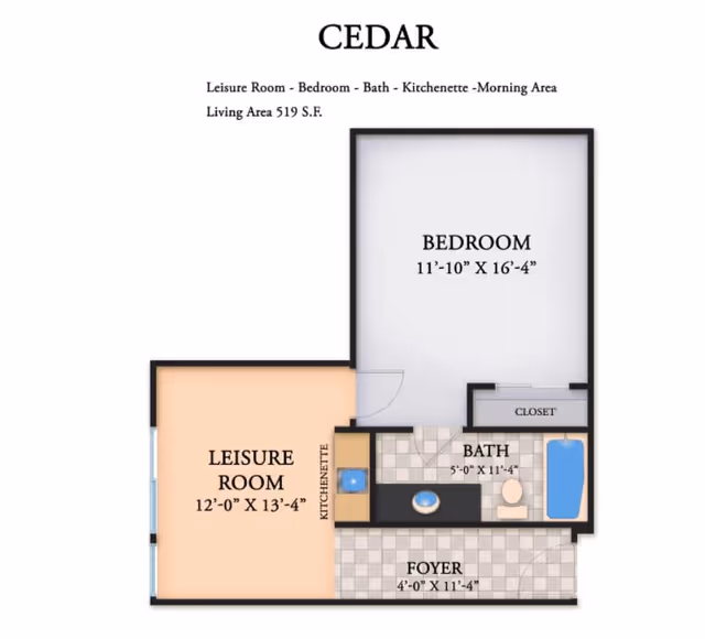 Floor plan titled 'CEDAR' showing a bedroom, leisure room with kitchenette, bath, and foyer with dimensions (living area 519 S.F.).