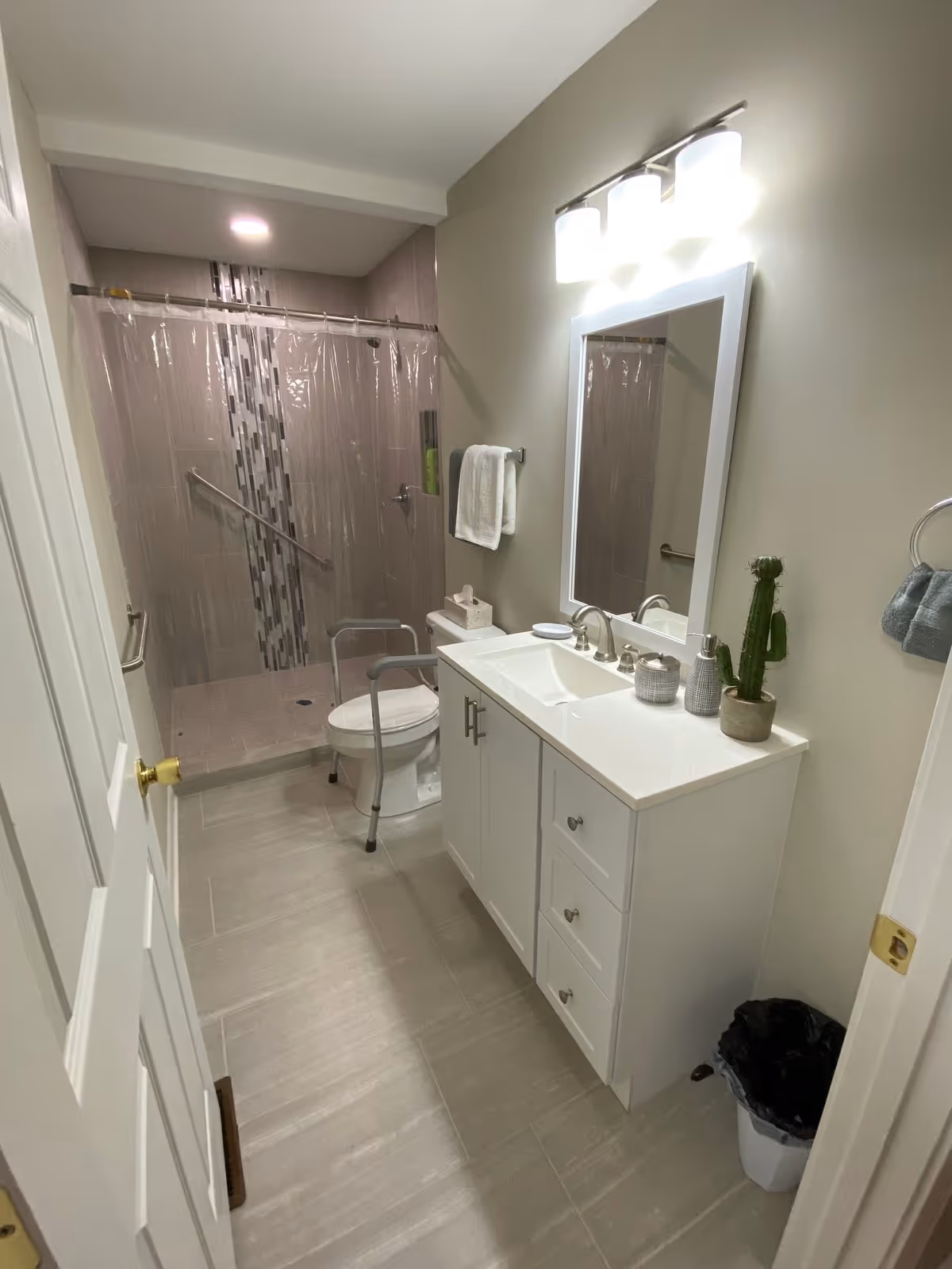 Bright assisted-living bathroom with a walk-in shower, grab bars and toilet safety frame, and a white vanity with mirror and lights.
