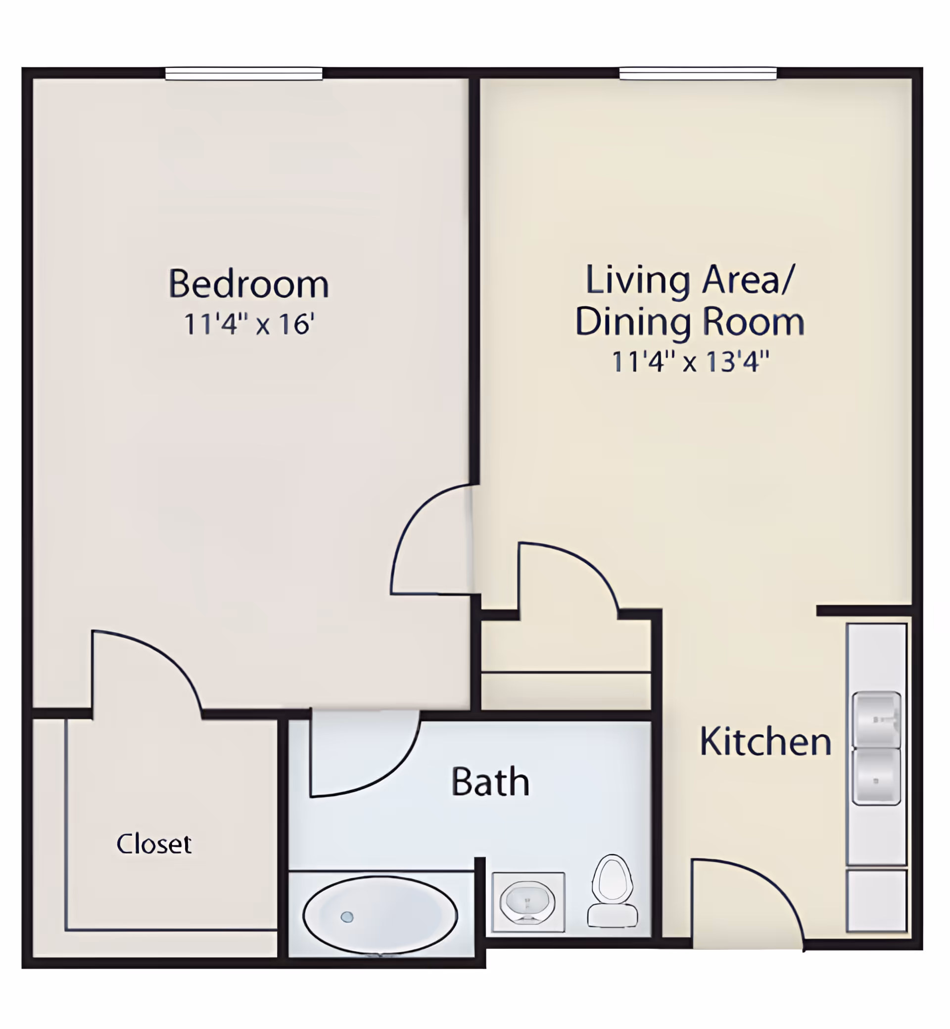 Floor plan of a senior living unit at Commonwealth Senior Living At Stratford House showing a bedroom measuring 11 feet 4 inches by 16 feet, a living area/dining room measuring 11 feet 4 inches by 13 feet 4 inches, a kitchen, a bathroom with a bathtub, sink, and toilet, and a closet.