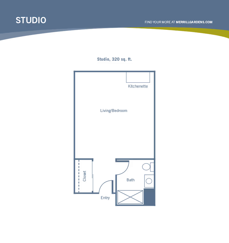 Blueprint-style floor plan of a 320 sq. ft. studio apartment showing a living/bedroom, kitchenette, closet, entry and bath.