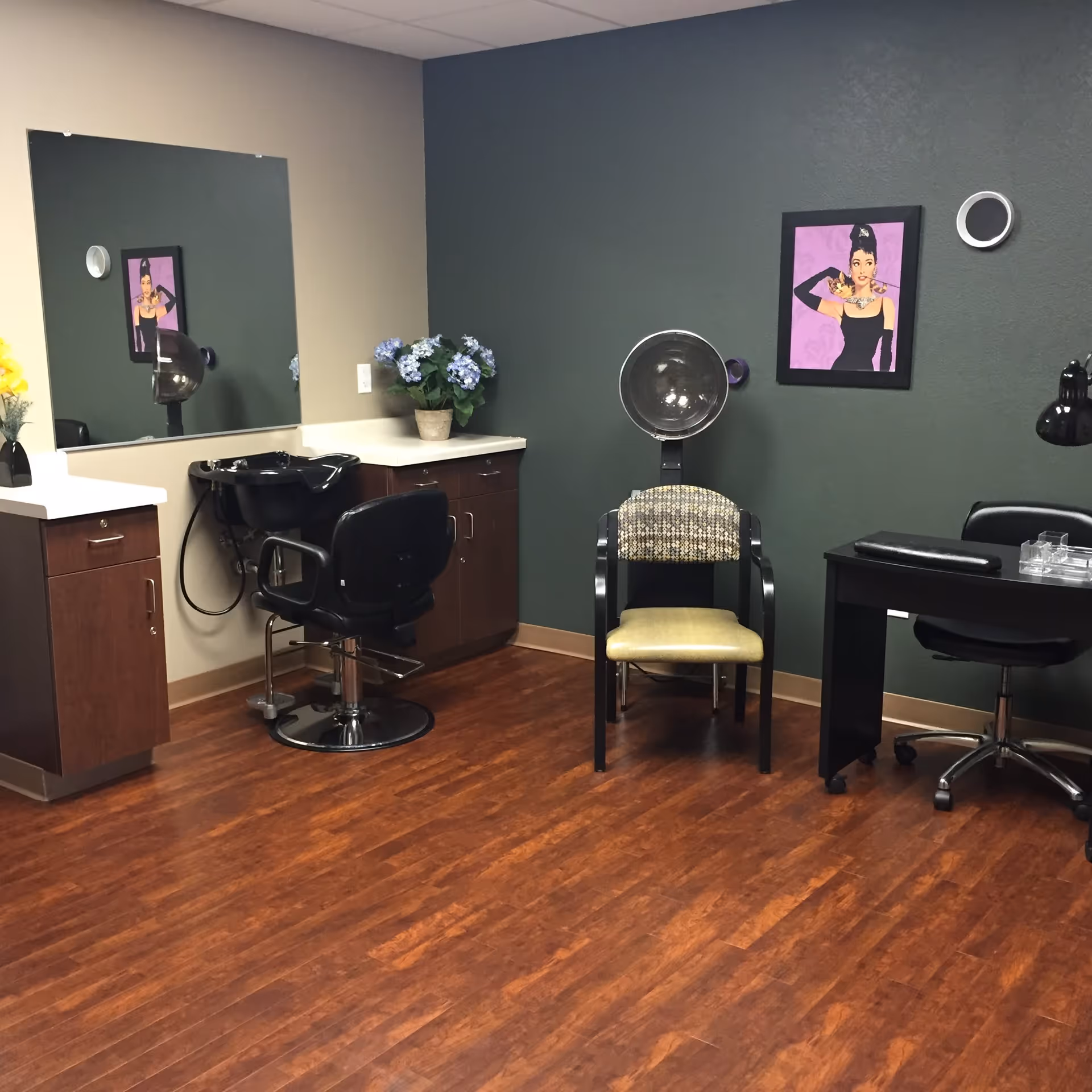 Interior room with a hair washing station, a salon chair, a hair dryer chair, a desk with a rolling chair, and a framed picture of a woman on the wall. The room has wood flooring, a large mirror, and a potted plant on the counter.