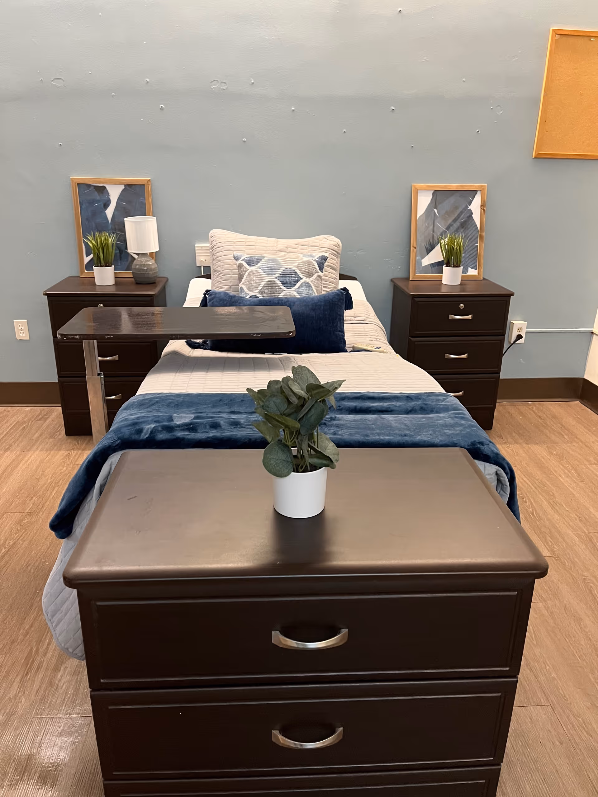 Single furnished bedroom with a made bed, blue pillows and throw, nightstands, overbed table, and a potted plant on a dresser.