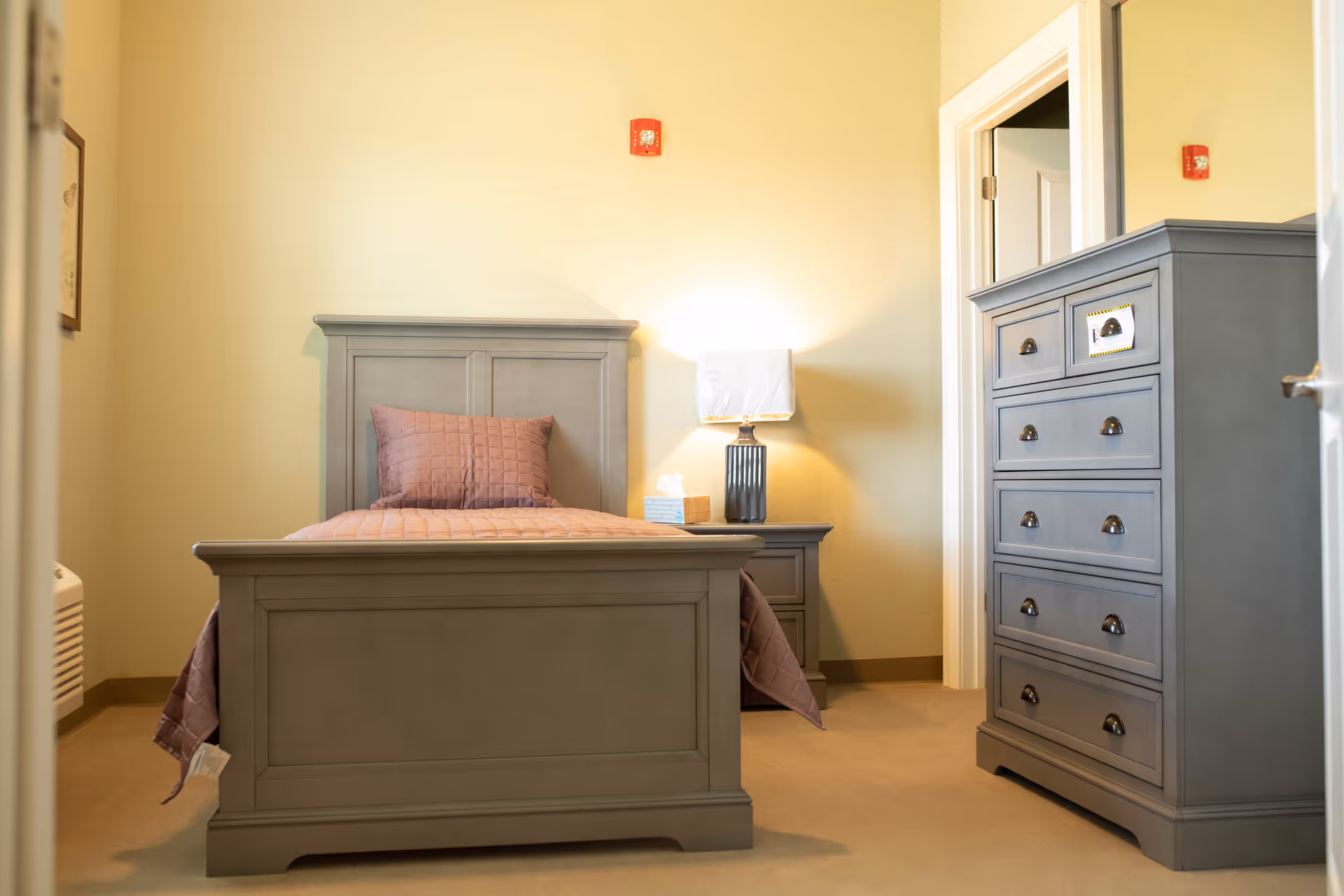 A small bedroom with a single bed featuring a mauve quilt and matching pillow. Next to the bed is a nightstand with a lamp and a box of tissues. To the right is a tall gray dresser with multiple drawers. The walls are painted light yellow and there is a door leading to another room.
