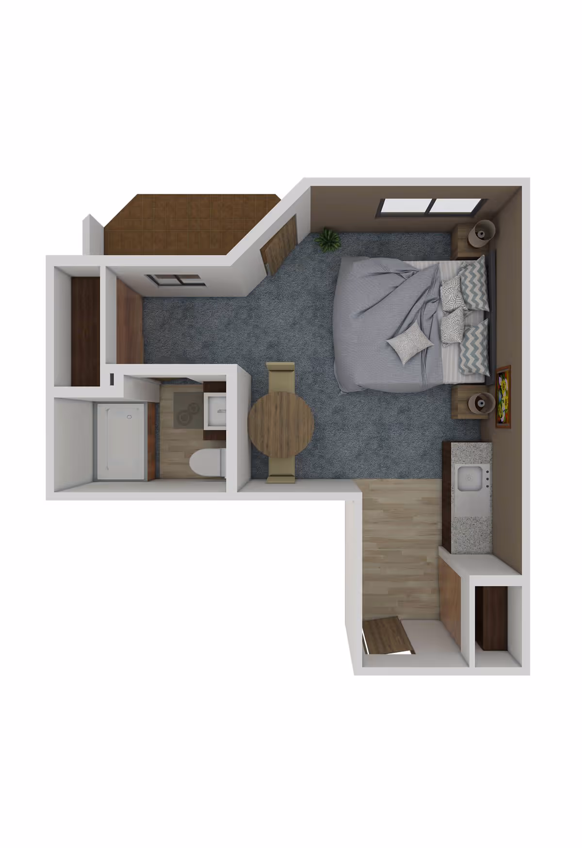 Top-down 3D floor plan of a studio apartment showing a bed with nightstands, a small kitchenette, a round dining table, and a bathroom.