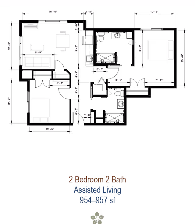 Architectural floor plan of a 2 bedroom, 2 bathroom assisted living apartment with labeled dimensions for each room and furniture layout.