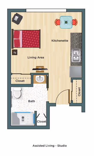 Floor plan of an assisted living studio apartment showing a living area with a bed, chair, and kitchenette with a sink and small dining table. The plan includes a bathroom with a toilet, sink, and shower, and multiple closets.