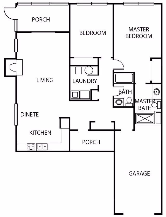 Architectural floor plan of a residence at Whispering Pines Village showing rooms including a porch, living room, dinette, kitchen, bedroom, master bedroom with master bath, additional bath, laundry area, and garage.