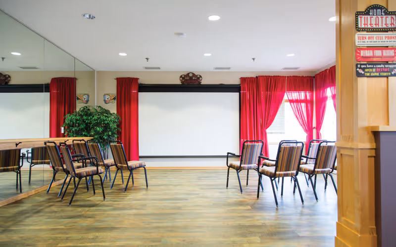 A small home theater room with a white projection screen on the wall, several striped cushioned chairs arranged in rows facing the screen, red curtains covering windows on the right side, a large mirror on the left wall reflecting the chairs and a green potted plant, and a wooden column on the right with colorful signs related to theater etiquette.