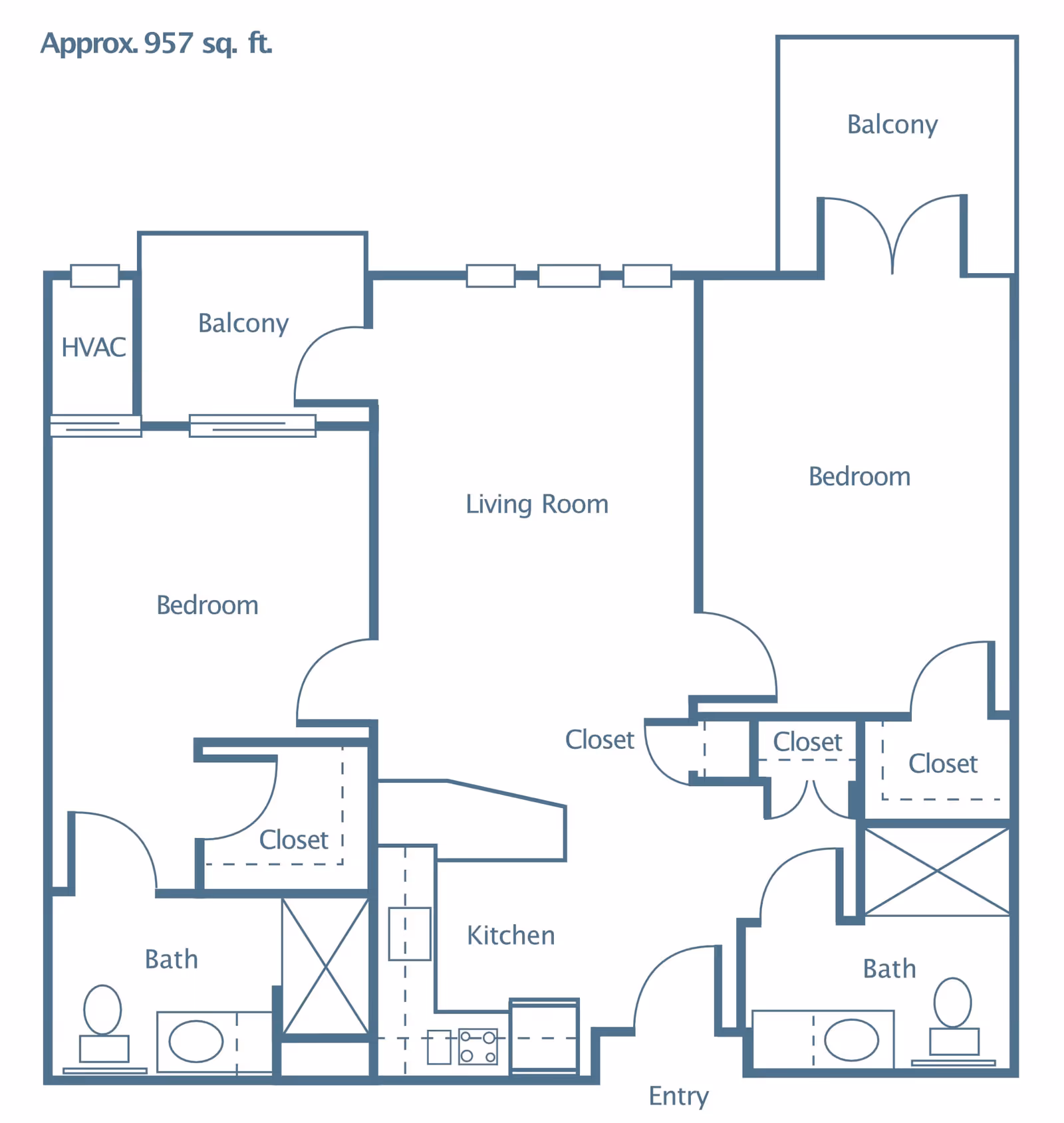 Floor plan of a residential unit approximately 957 square feet, featuring two bedrooms each with closets, two bathrooms, a kitchen, a living room, and two balconies. The layout includes an HVAC area and multiple closets for storage.