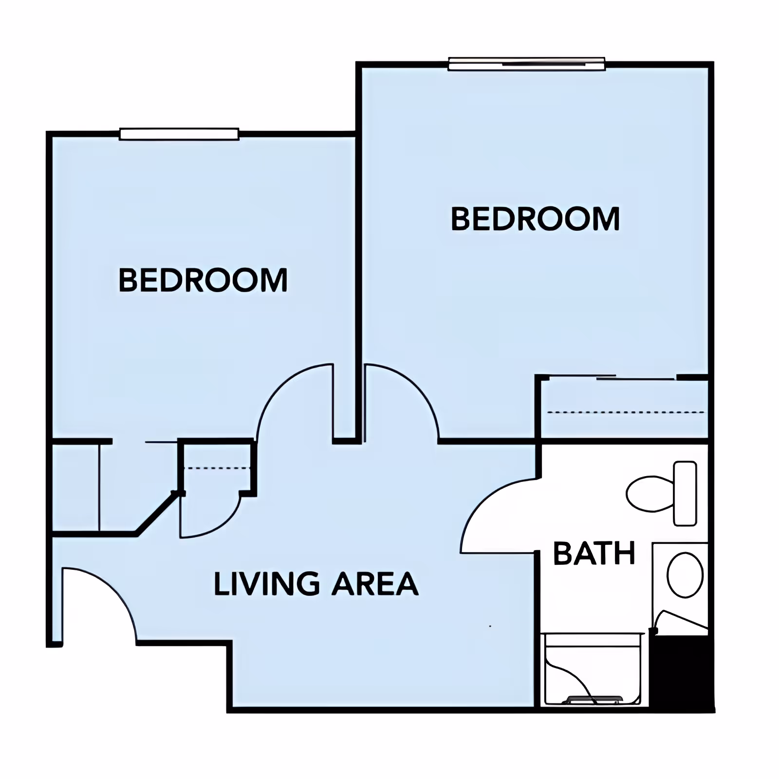 Floor plan layout showing two bedrooms, a living area, and a bathroom. The living area is centrally located with doors leading to each bedroom and the bathroom.