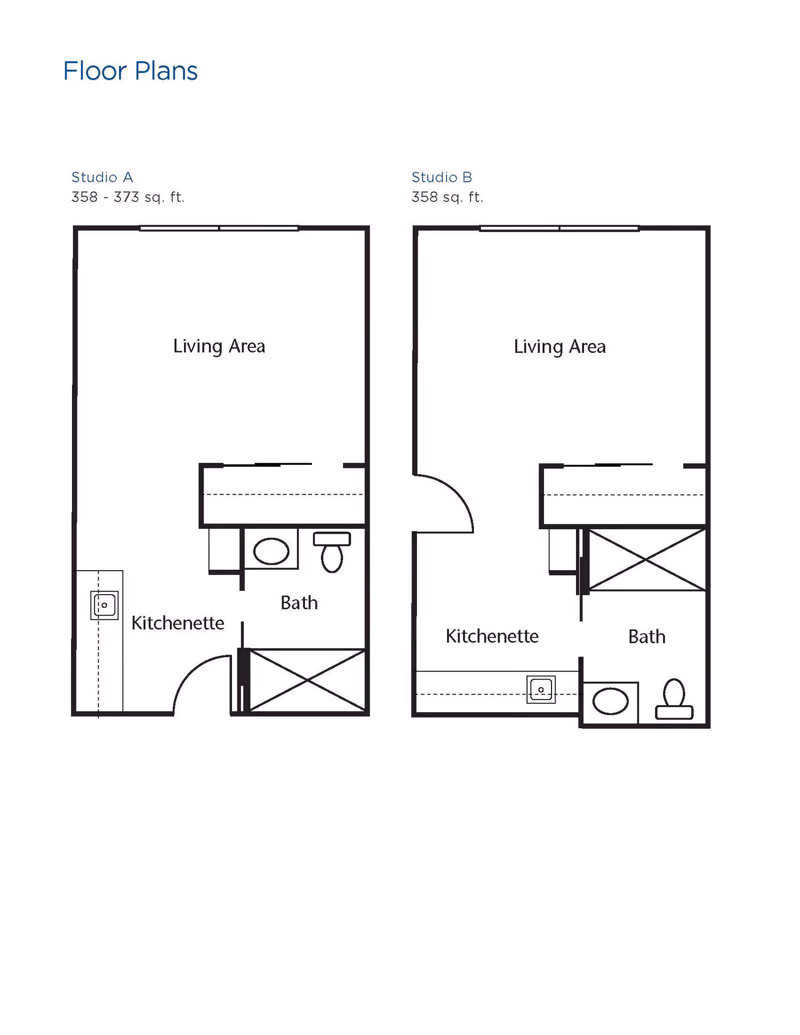 Floor plans for two studio apartments labeled Studio A and Studio B. Both include a living area, kitchenette, and bath. Studio A is 358-373 sq. ft. and Studio B is 358 sq. ft.