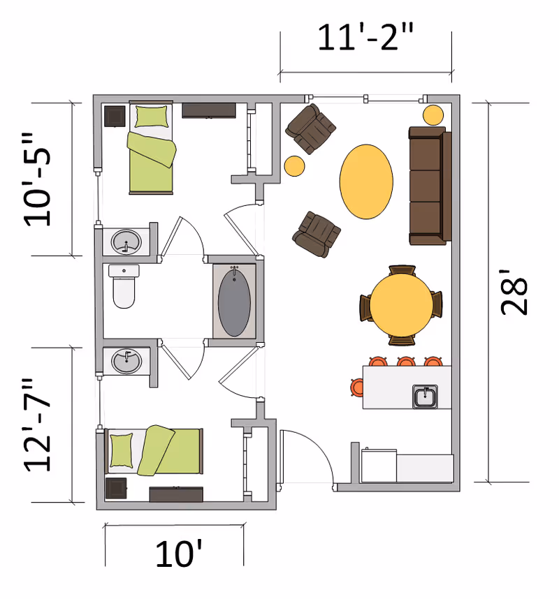 Architectural floor plan of a senior living apartment at Viva Senior Living at Albany, showing two bedrooms, a bathroom with a bathtub and toilet, and an open living area with a sofa, two chairs, a coffee table, a dining table with four chairs, and a kitchen with a sink and three bar stools.