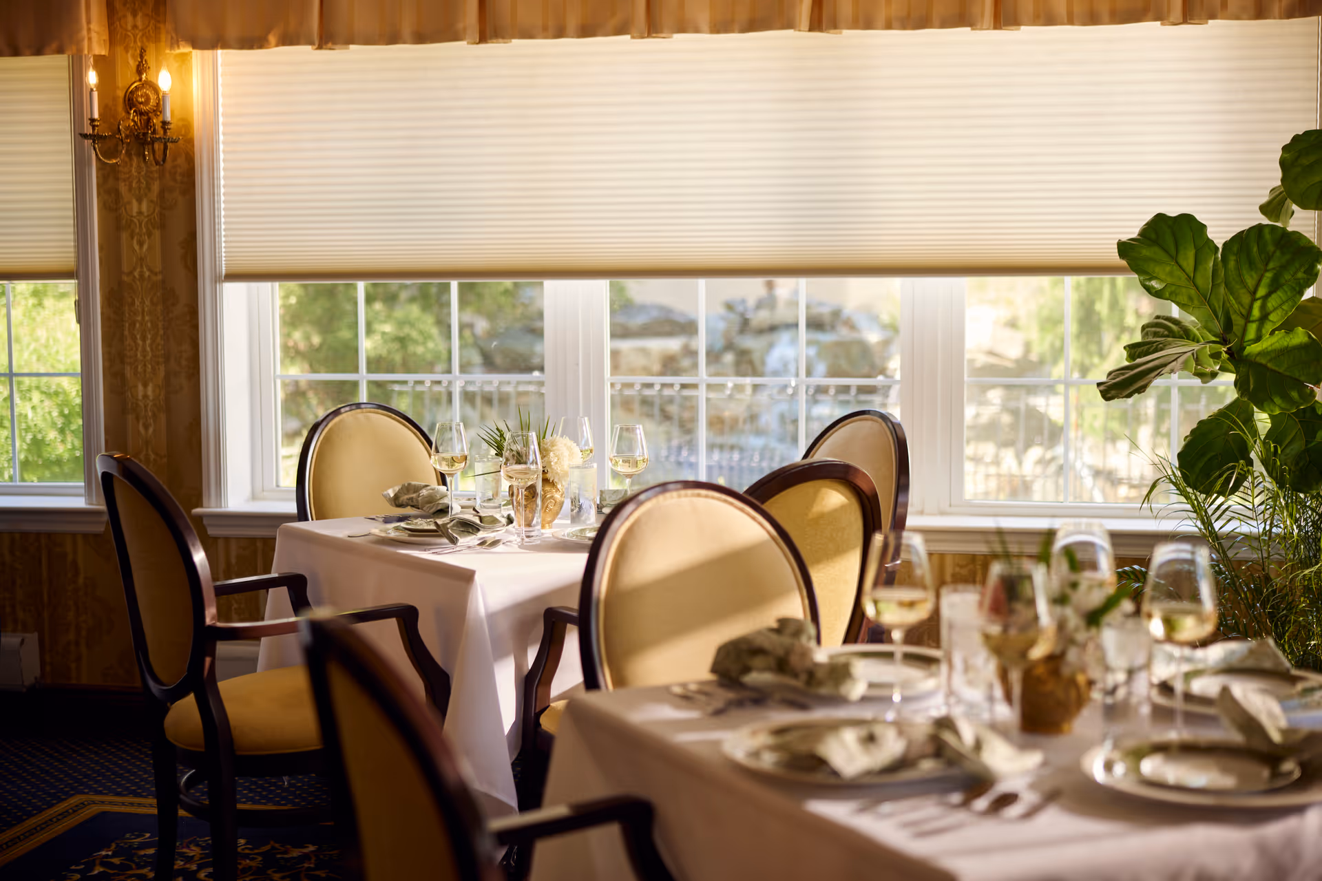 A warmly lit dining room with tables set for a meal, featuring white tablecloths, neatly folded napkins, wine glasses, and elegant chairs with beige upholstery. Large windows in the background let in natural light and show greenery outside. There is a decorative wall sconce on the left and a large leafy plant on the right.