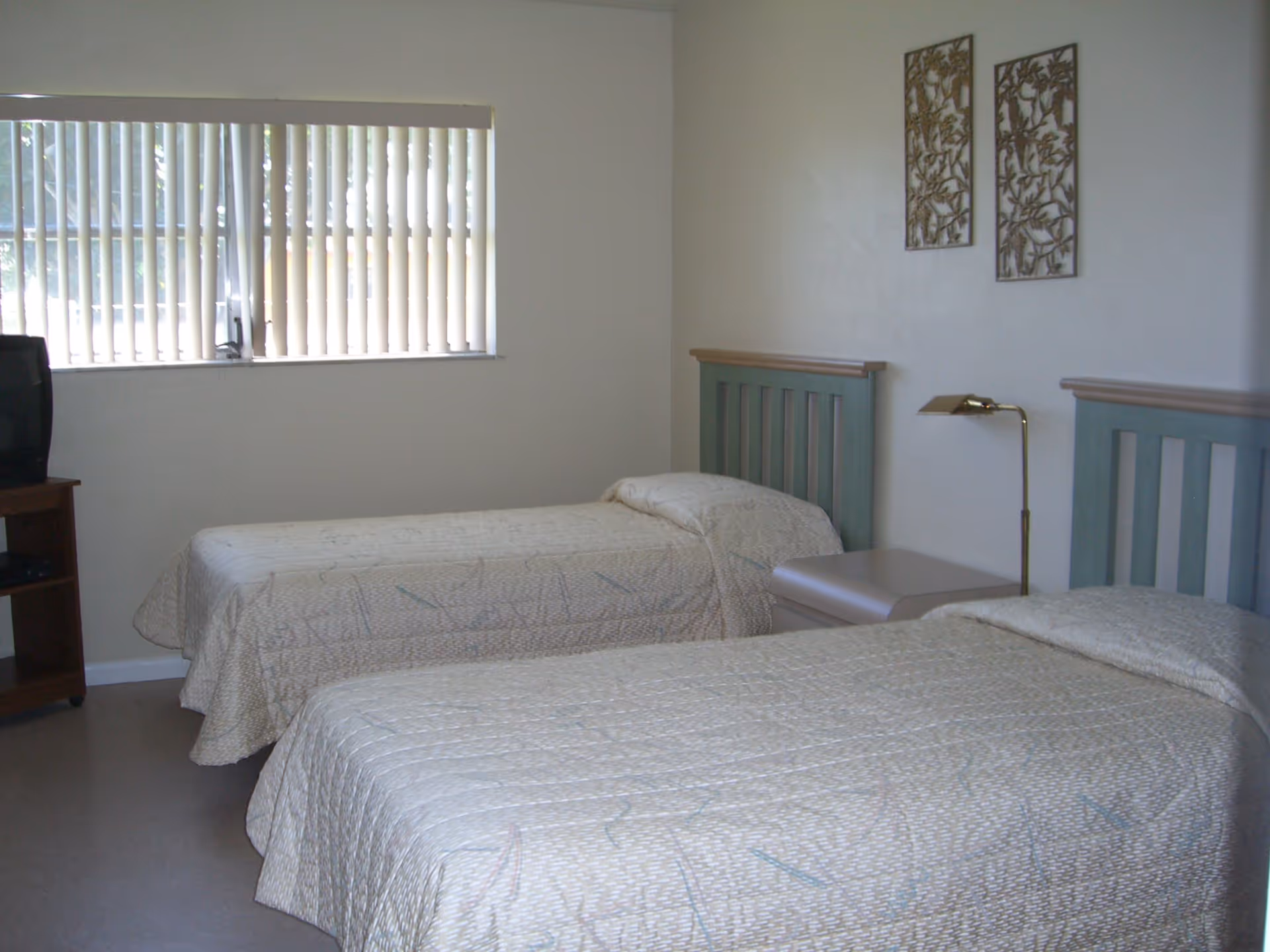 A simple bedroom with two single beds covered in light-colored bedspreads. Each bed has a wooden headboard painted in a muted green color. Between the beds is a small nightstand with a brass reading lamp. On the wall above the nightstand are two decorative metal wall hangings with a floral design. A window with vertical blinds is on the left side of the room, allowing natural light to enter. A small wooden TV stand with a television is positioned near the window.