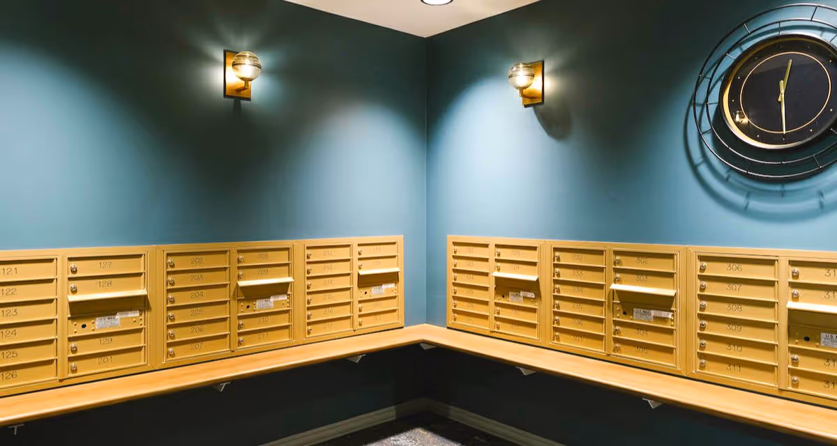 Interior corner of a mailroom with multiple yellow mailboxes mounted on teal-colored walls. There is a wooden ledge beneath the mailboxes and two wall-mounted lights above. A large decorative clock is visible on the right wall.