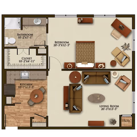 Floor plan of a senior living facility unit at Harmony at Reynolds Mountain showing a bedroom with a bed, nightstands, and a desk area; a living room with sofas, chairs, a coffee table, and side tables; a kitchen with a round dining table and chairs; a bathroom with a shower, toilet, and sink; and a closet adjacent to the bathroom.